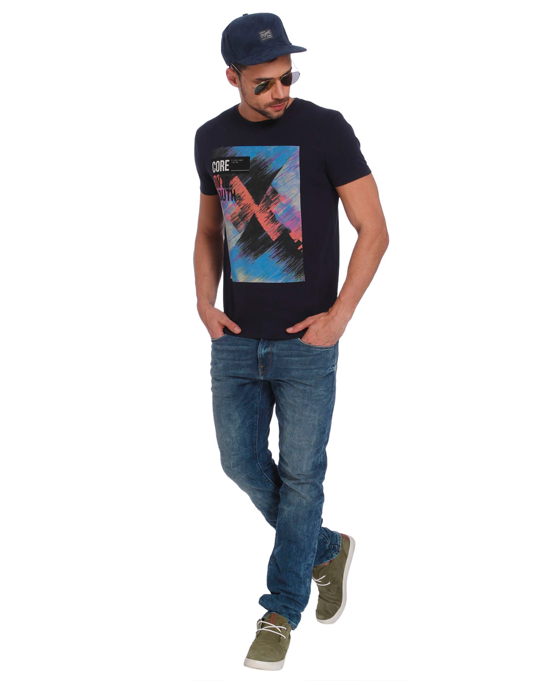 Black & Multi Colour Graphic Print Crew Neck T-Shirt