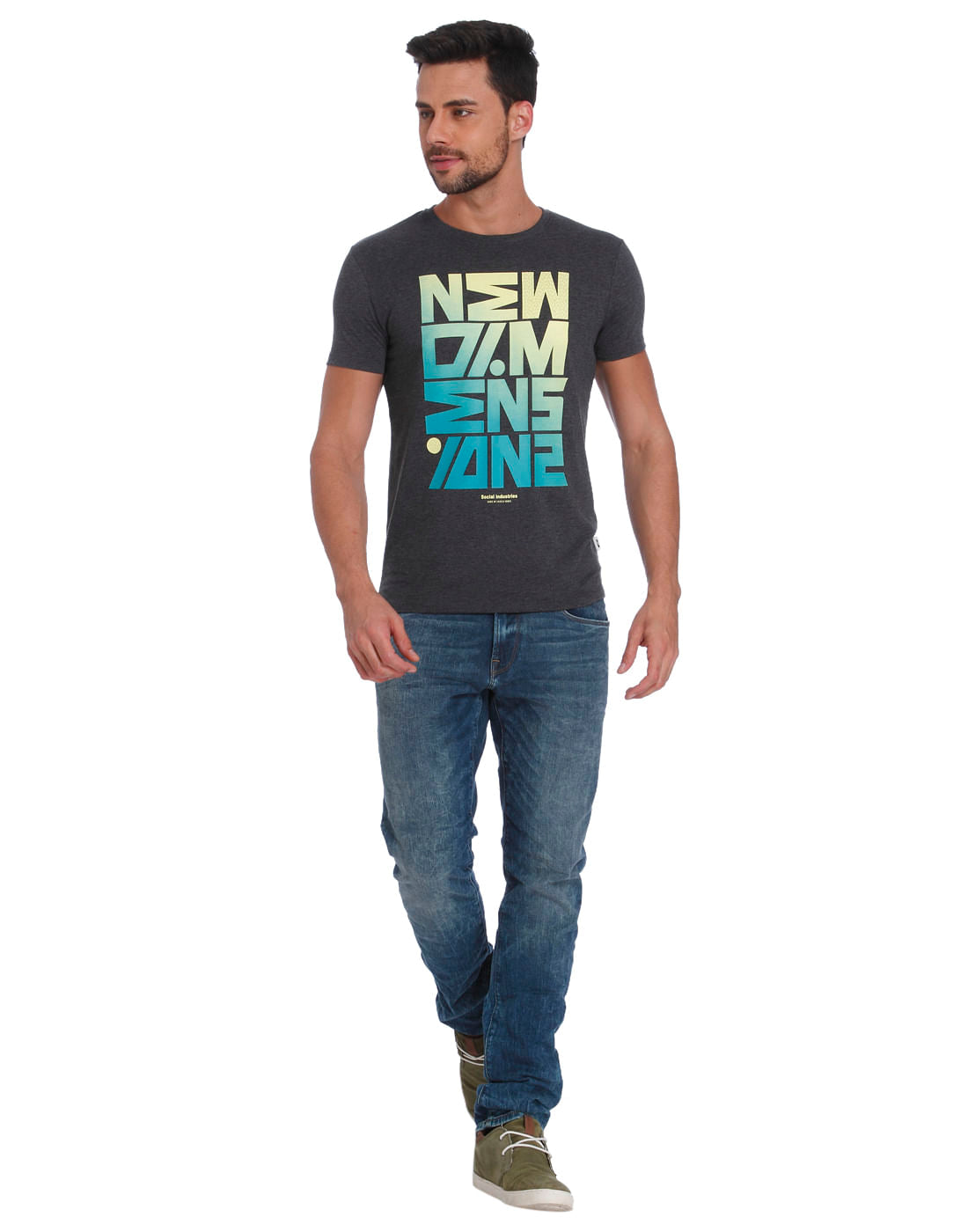 Dark Grey Text Print Crew Neck T-Shirt