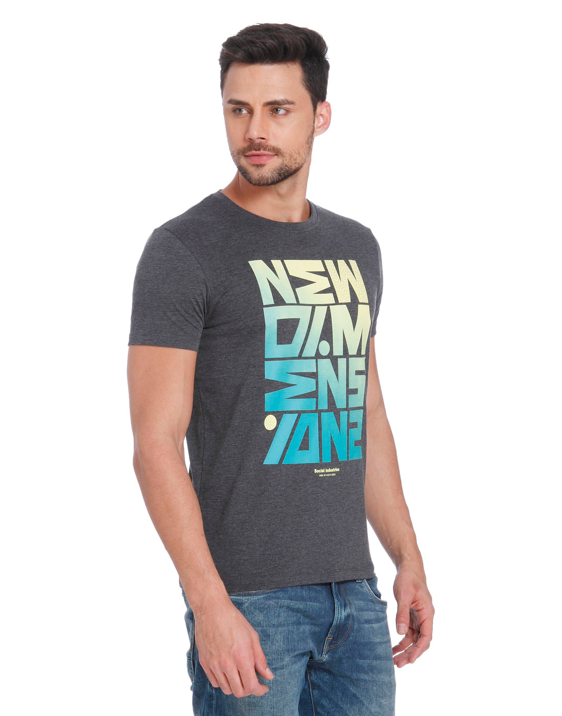 Dark Grey Text Print Crew Neck T-Shirt