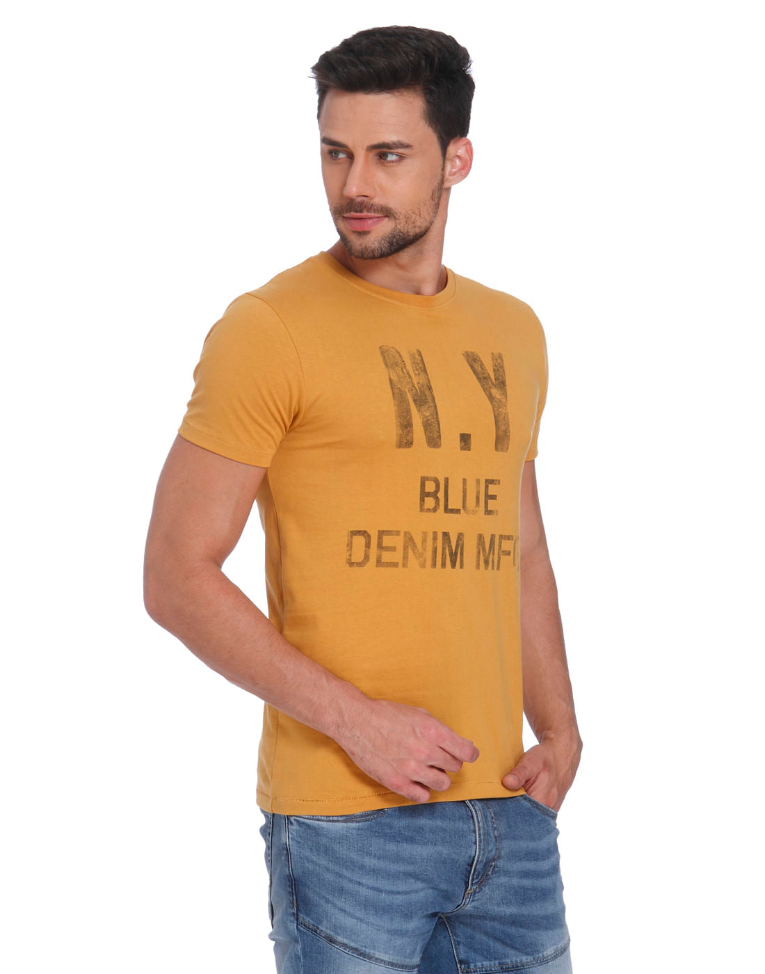 Mustard Text Print Crew Neck T-Shirt