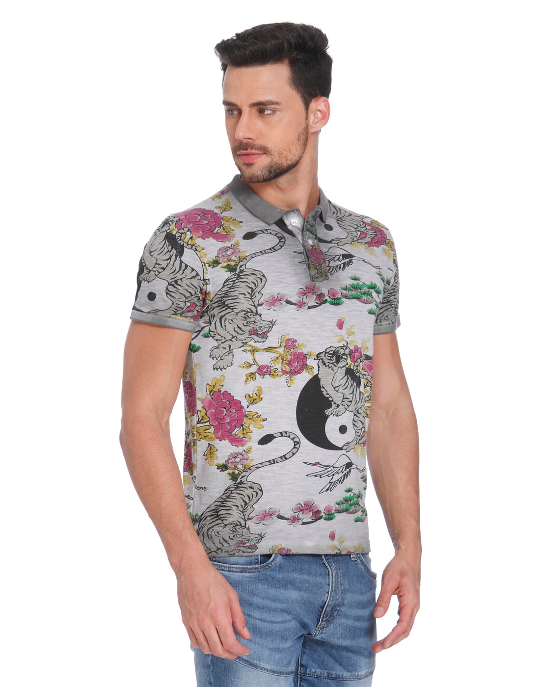 Grey Tiger & Floral Print Polo T-Shirt
