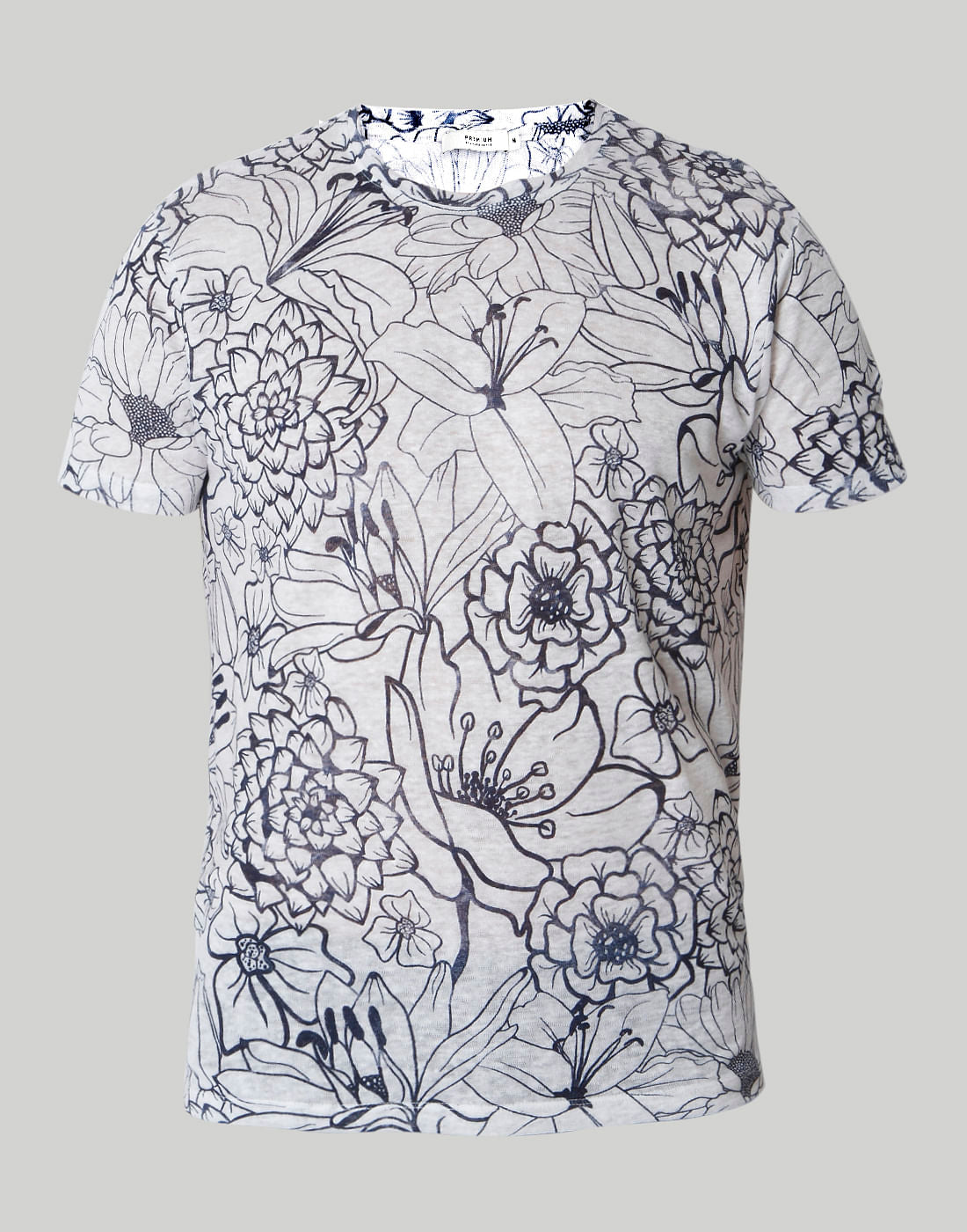 White Floral Print Crew Neck Linen T-Shirt