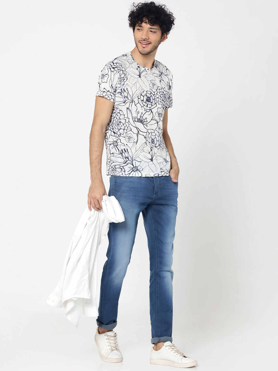 White All Over Floral Print Crew Neck T-Shirt