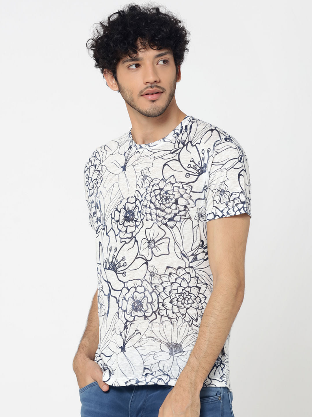 White All Over Floral Print Crew Neck T-Shirt