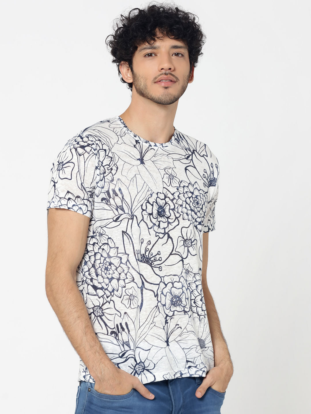 White All Over Floral Print Crew Neck T-Shirt