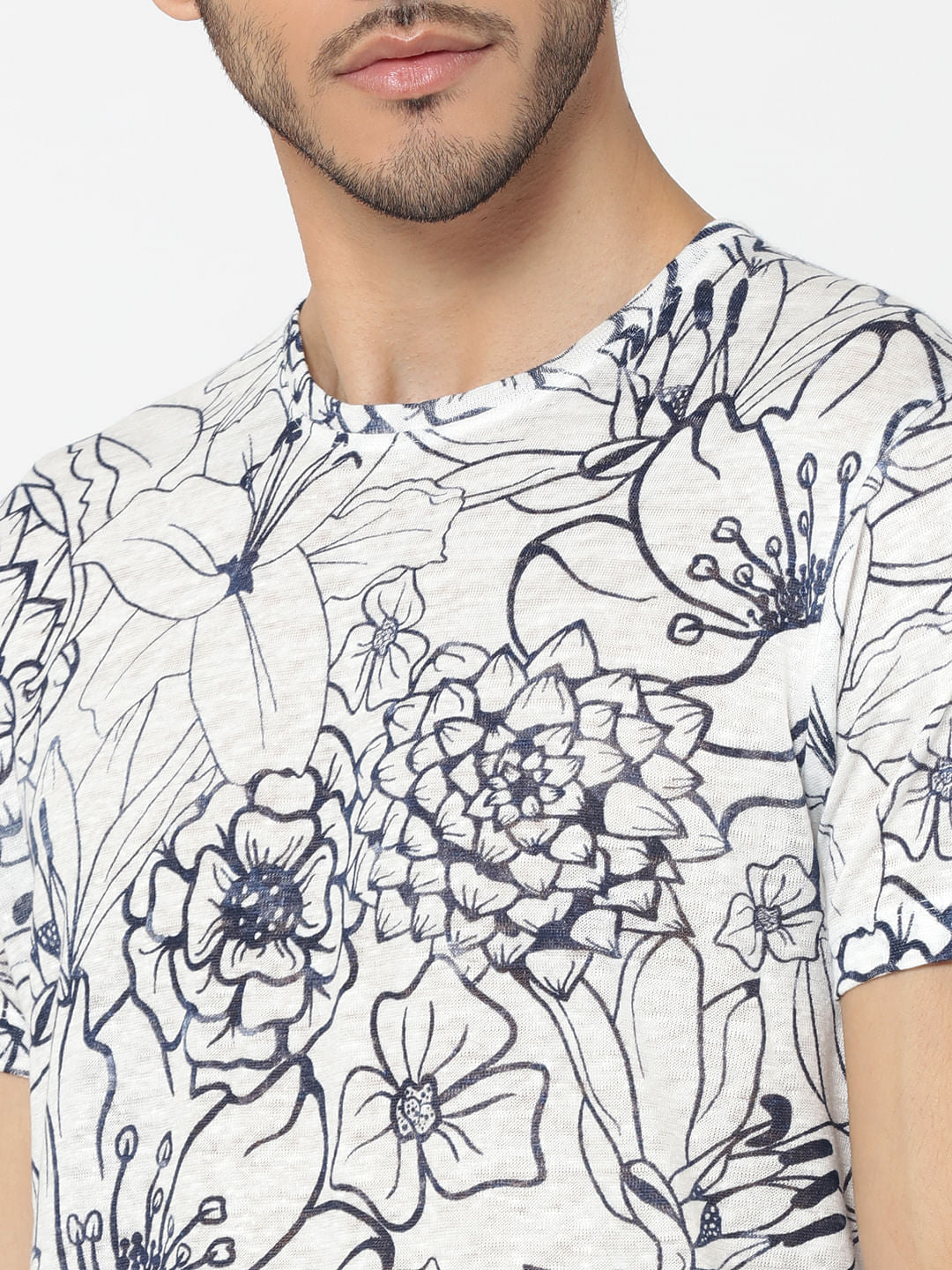 White All Over Floral Print Crew Neck T-Shirt