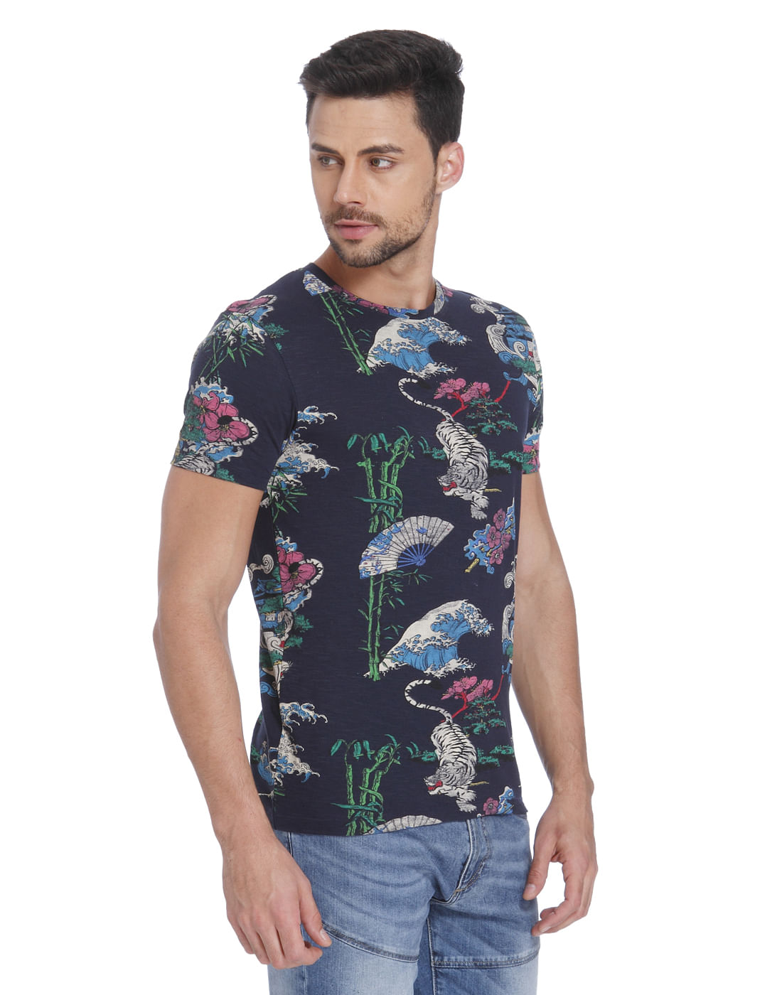 Dark Blue Tiger & Floral Print Polo T-Shirt