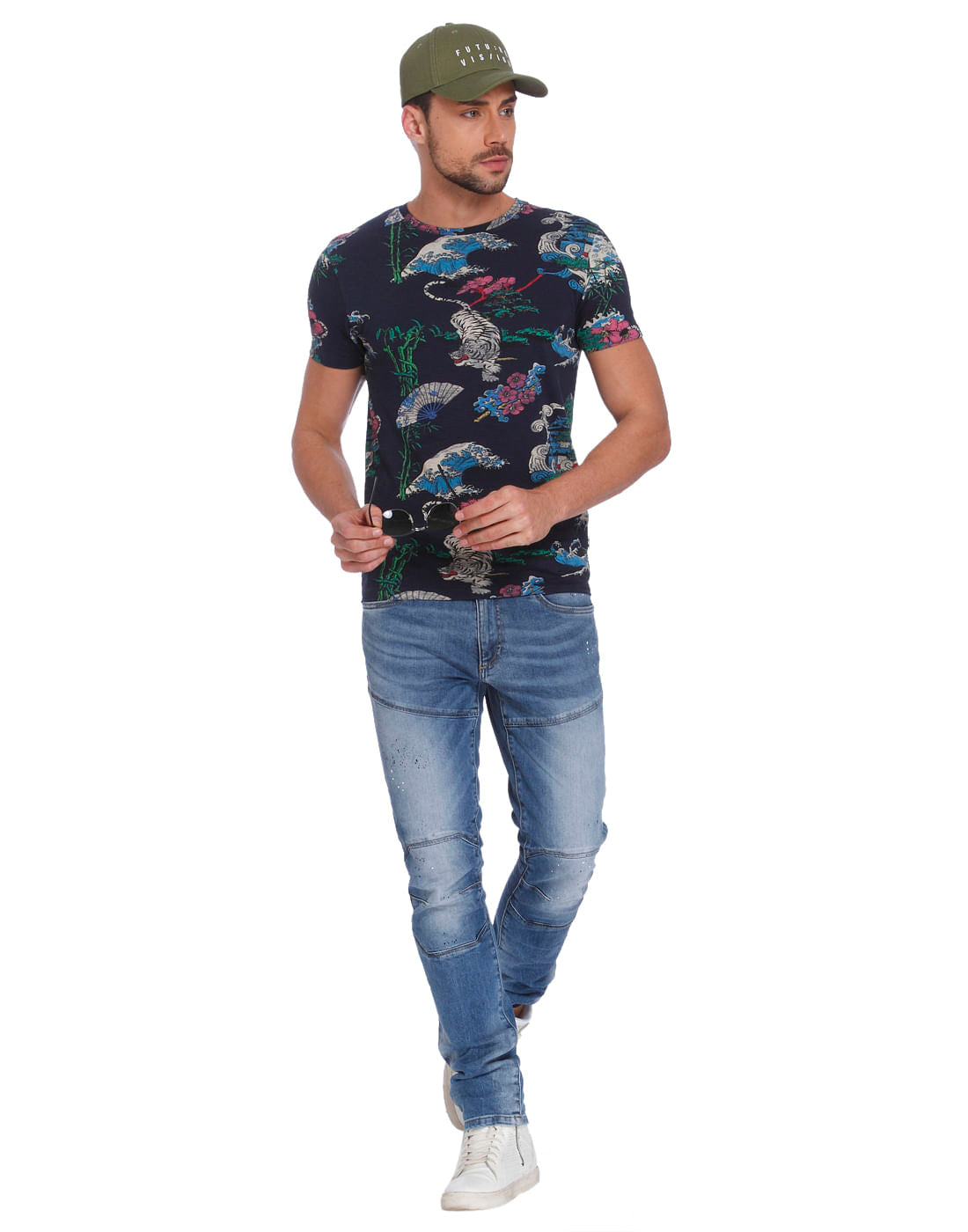 Dark Blue Tiger & Floral Print Polo T-Shirt