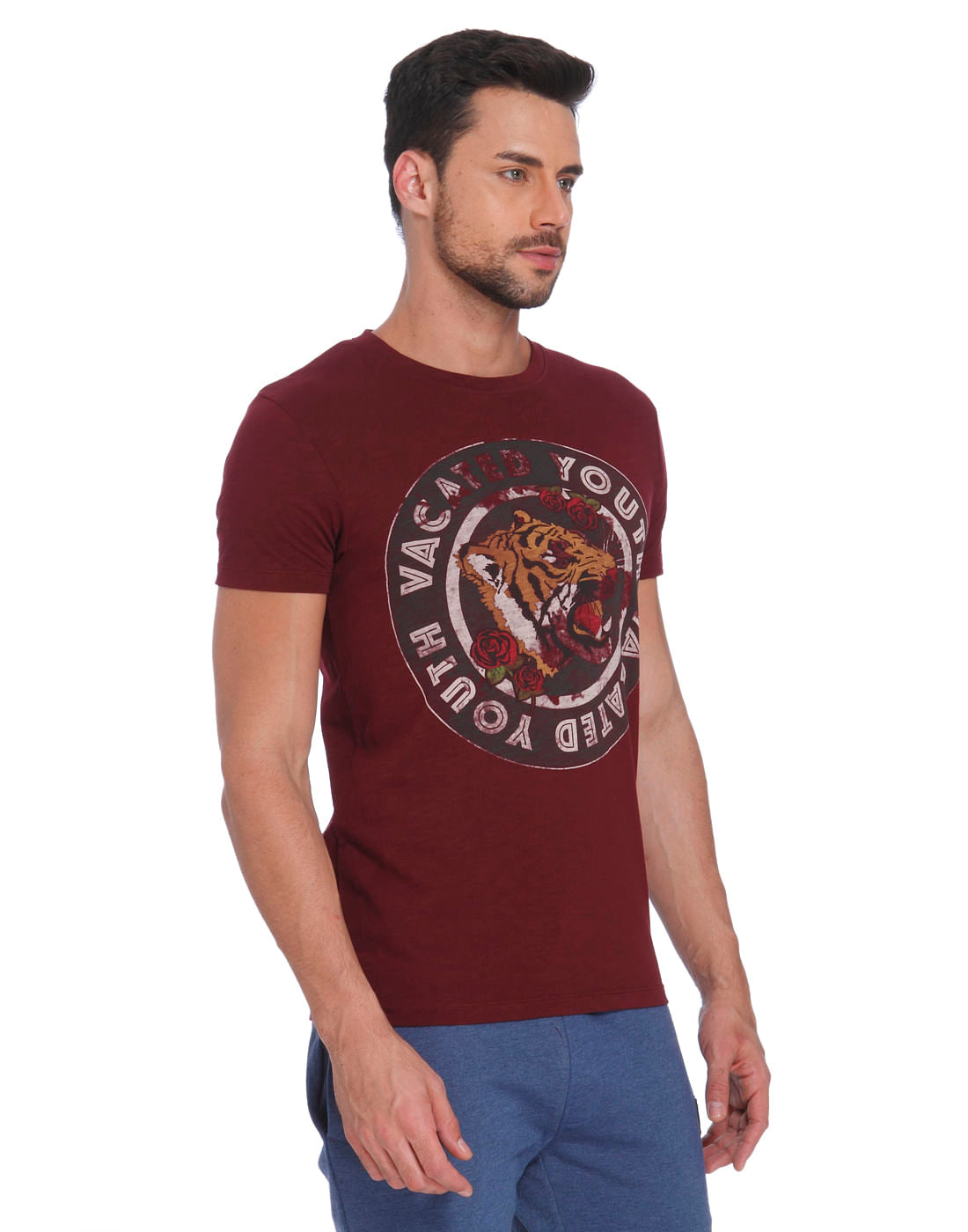 Maroon Tiger Print Crew Neck T-Shirt