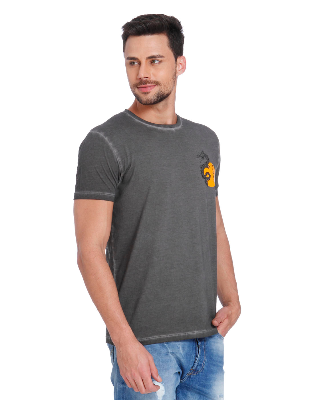 Dark Grey Dragon Print Crew Neck T-Shirt