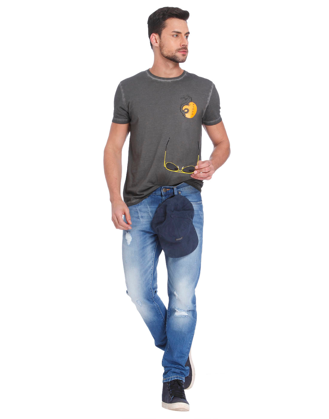 Dark Grey Dragon Print Crew Neck T-Shirt