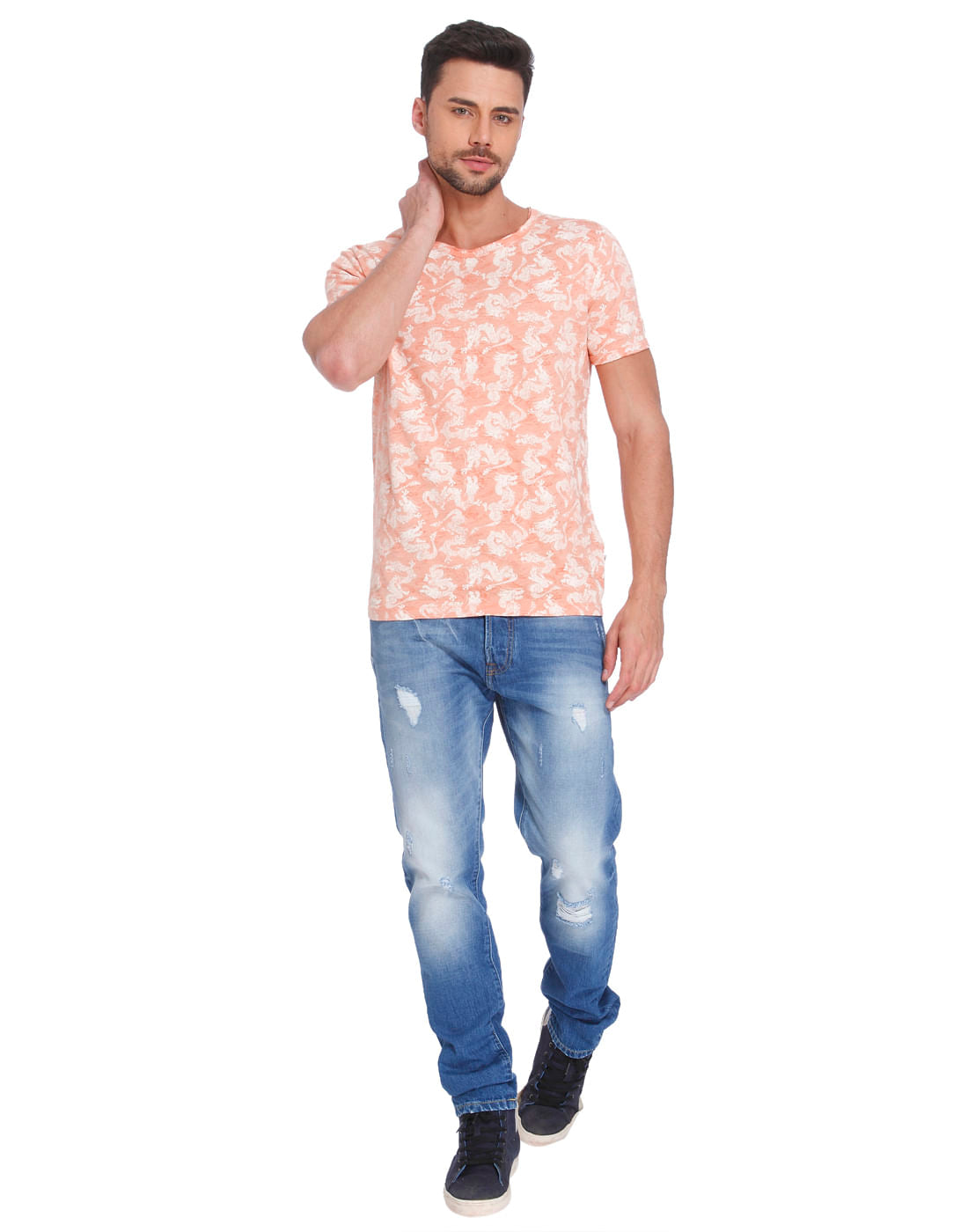 Peach Dragon Print Crew Neck T-Shirt