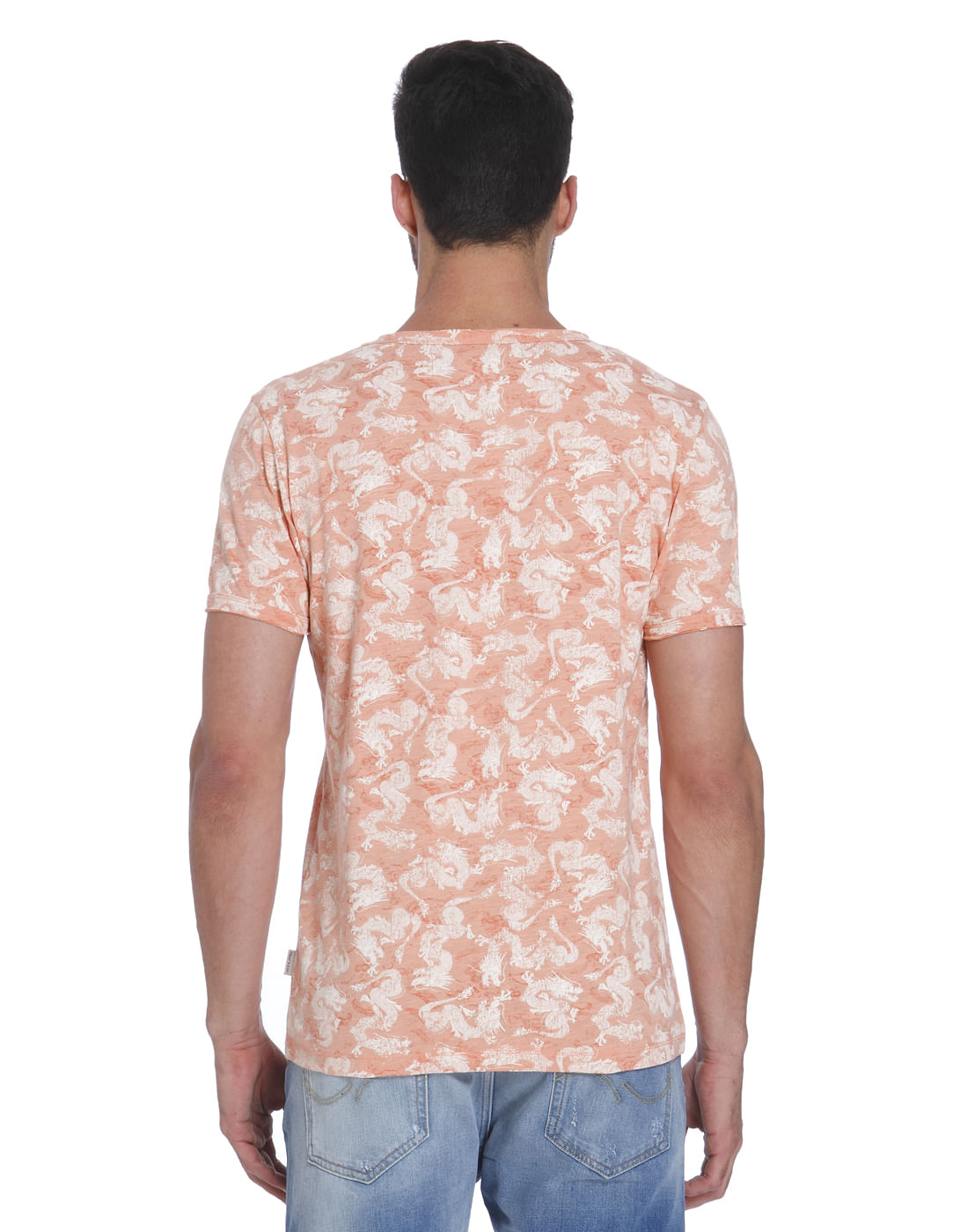 Peach Dragon Print Crew Neck T-Shirt
