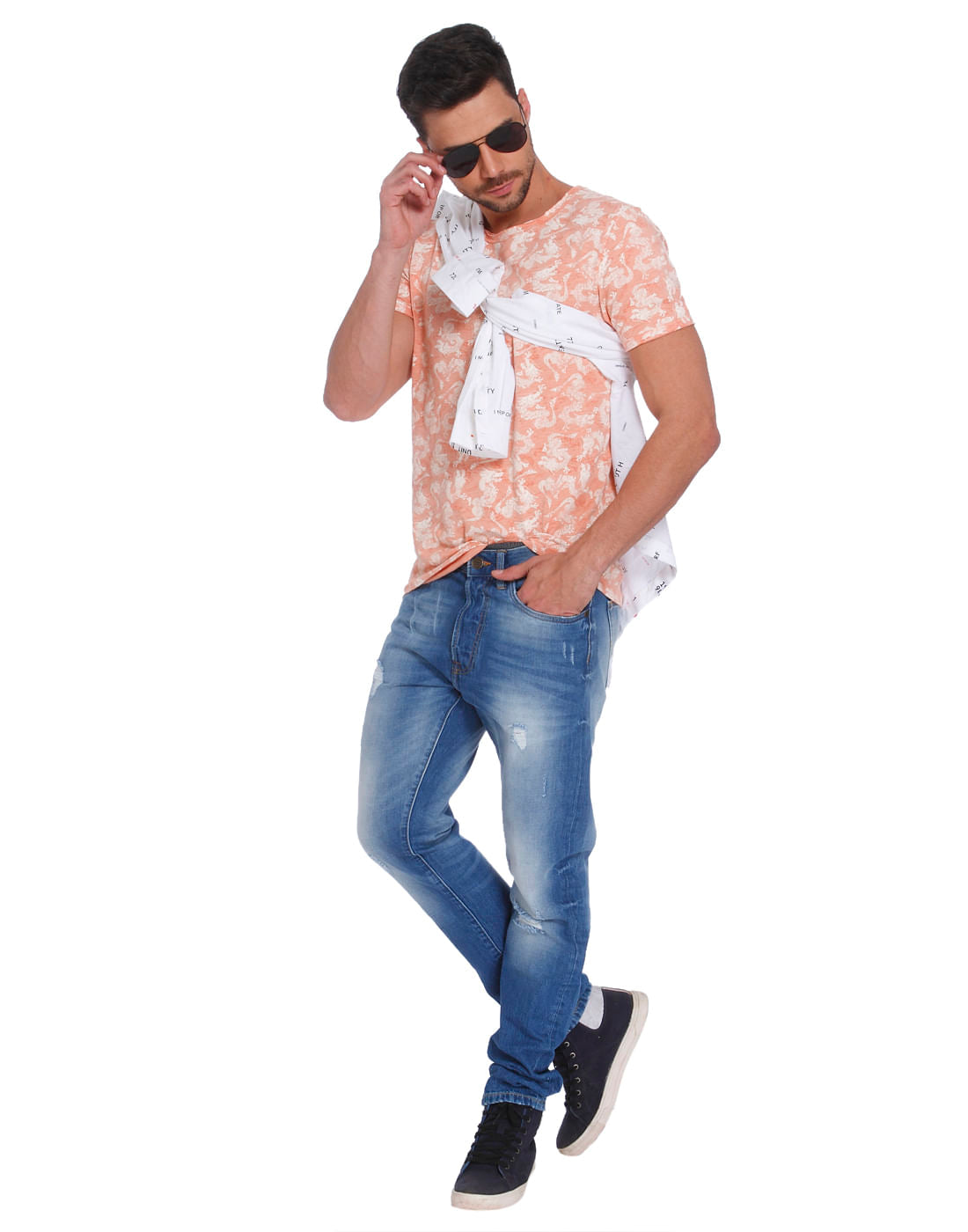 Peach Dragon Print Crew Neck T-Shirt