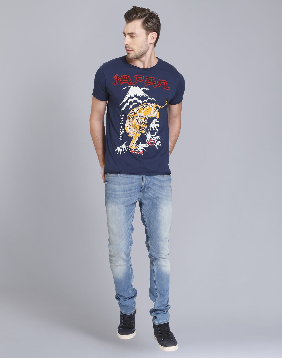 Blue Tiger Print Crew Neck T-Shirt