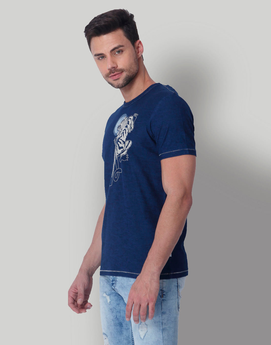 Blue Tiger Print Crew Neck T-Shirt