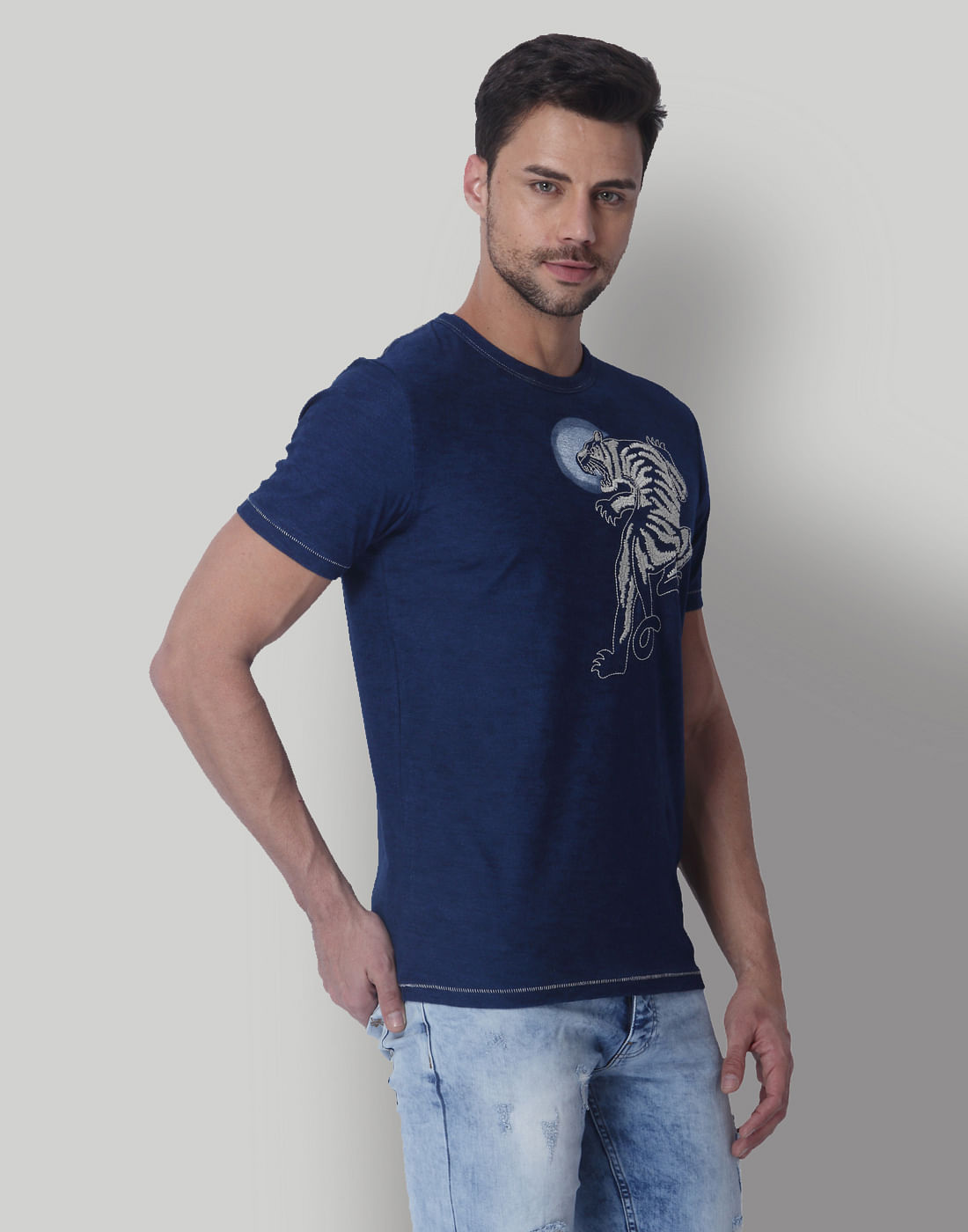 Blue Tiger Print Crew Neck T-Shirt