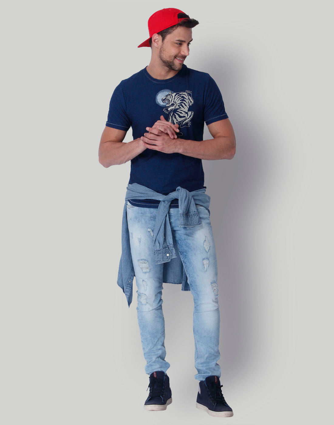 Blue Tiger Print Crew Neck T-Shirt
