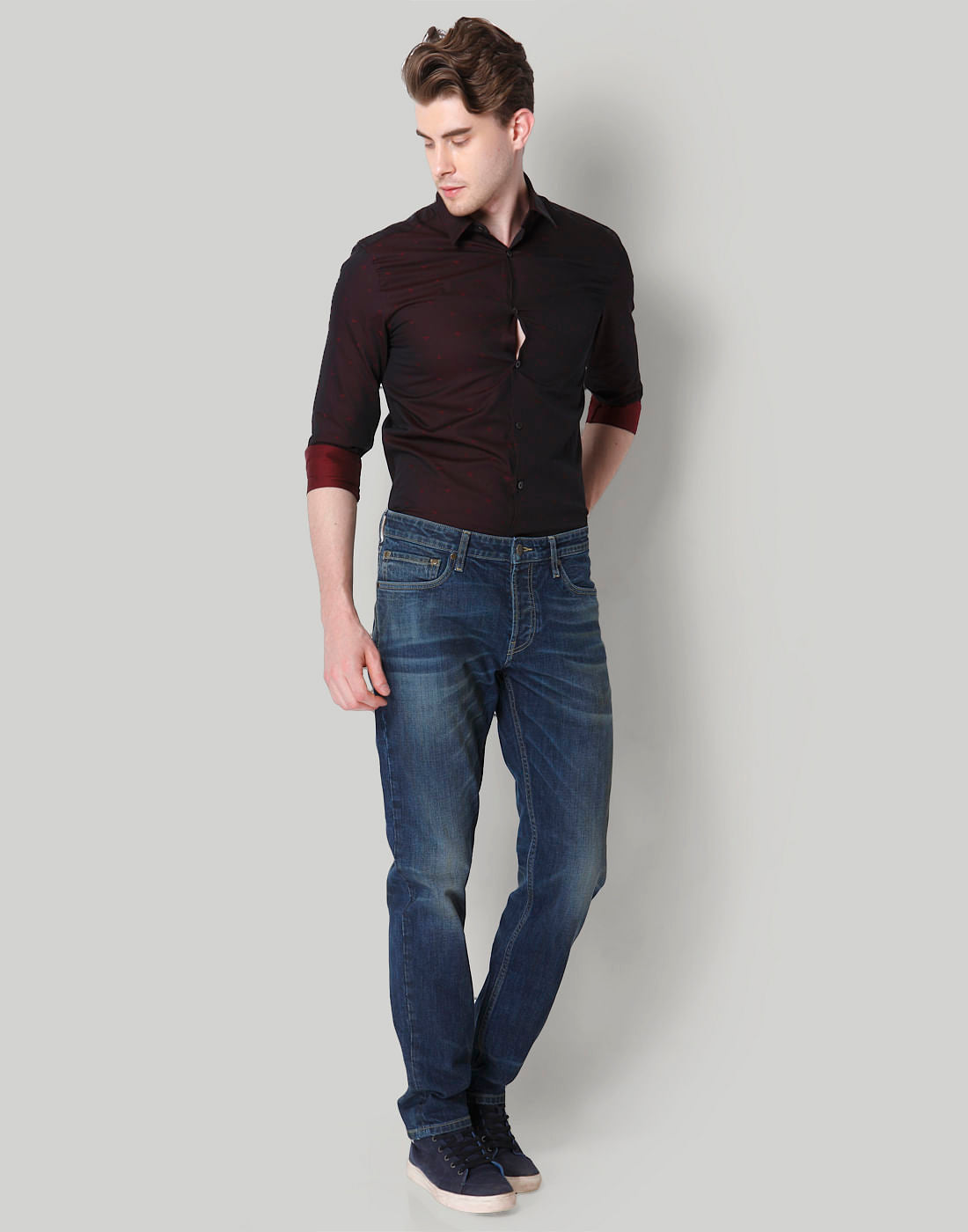 Burgundy Printed Slim Fit Shirt