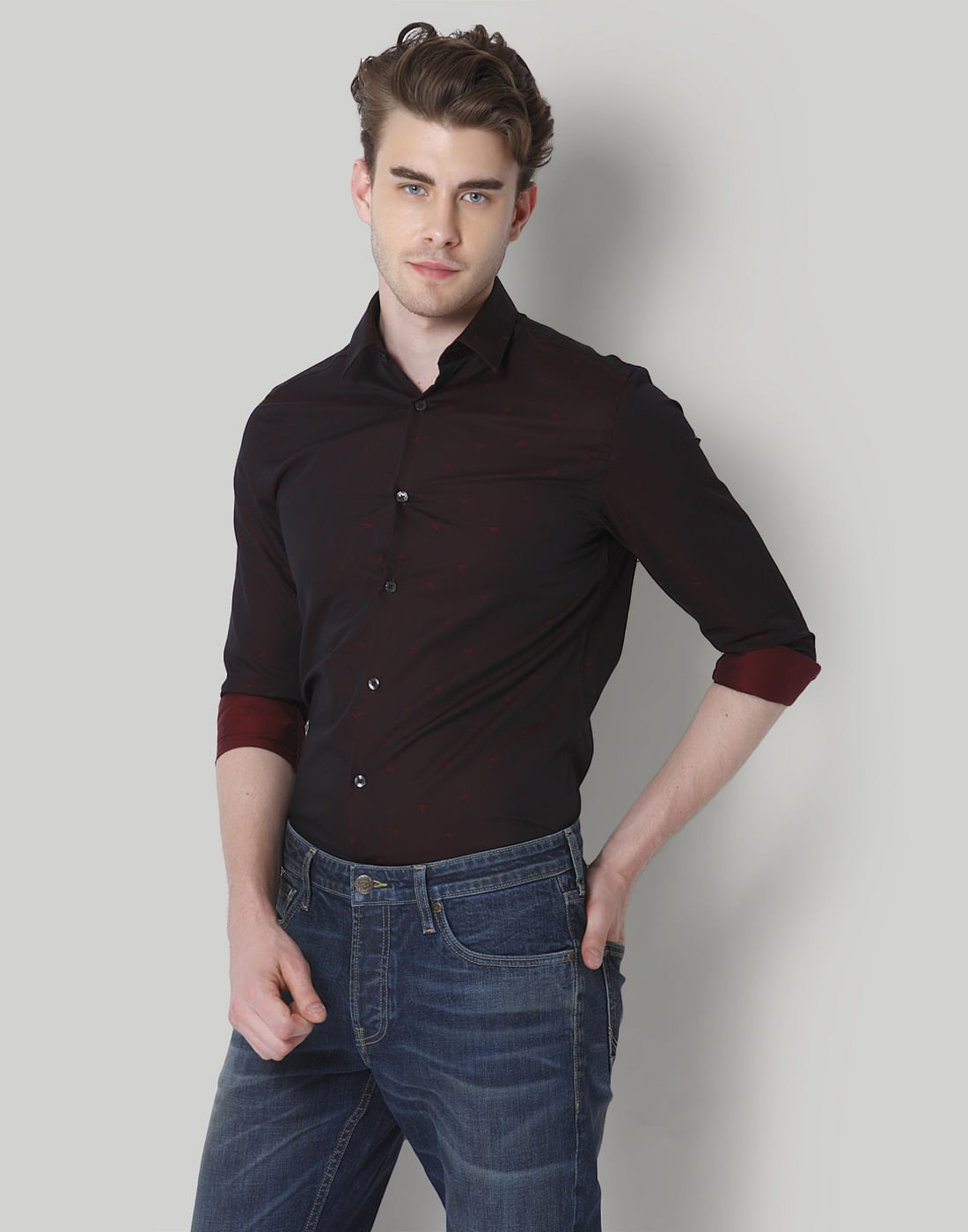 Burgundy Printed Slim Fit Shirt