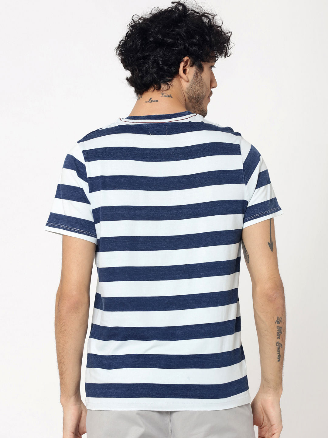 White & Indigo Block Striped Front Pocket Crew Neck T-Shirt