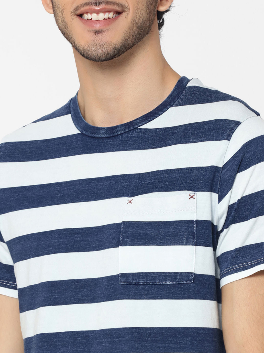 White & Indigo Block Striped Front Pocket Crew Neck T-Shirt