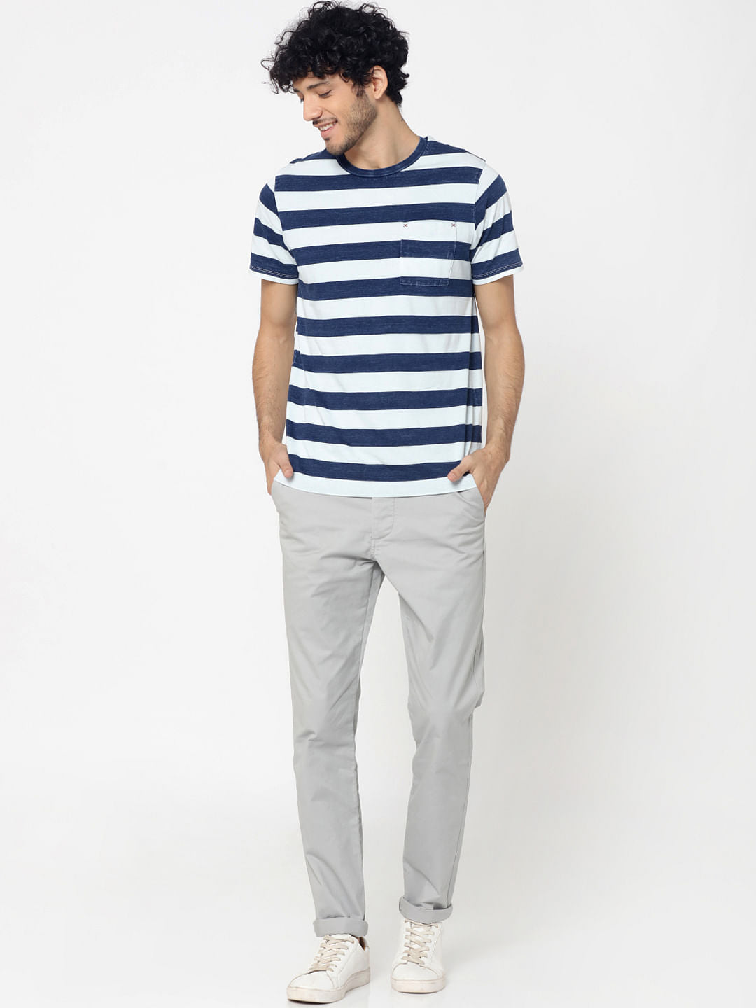 White & Indigo Block Striped Front Pocket Crew Neck T-Shirt