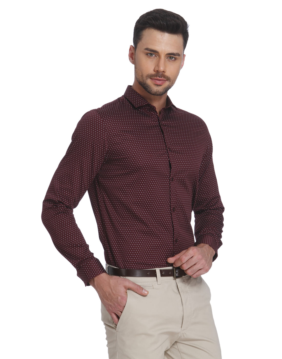 Burgundy Printed Slim Fit Shirt