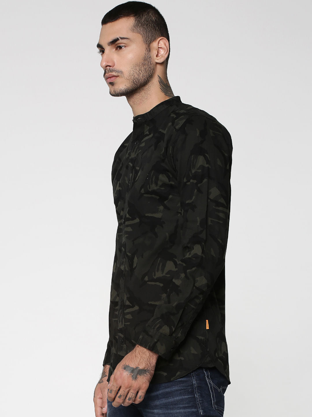 Olive Green Camo Print Mandarin Collar Full Sleeves Shirt