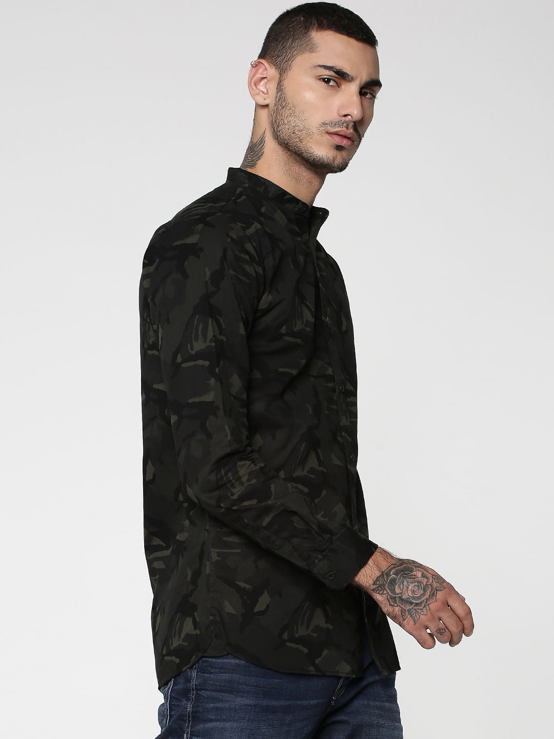 Olive Green Camo Print Mandarin Collar Full Sleeves Shirt