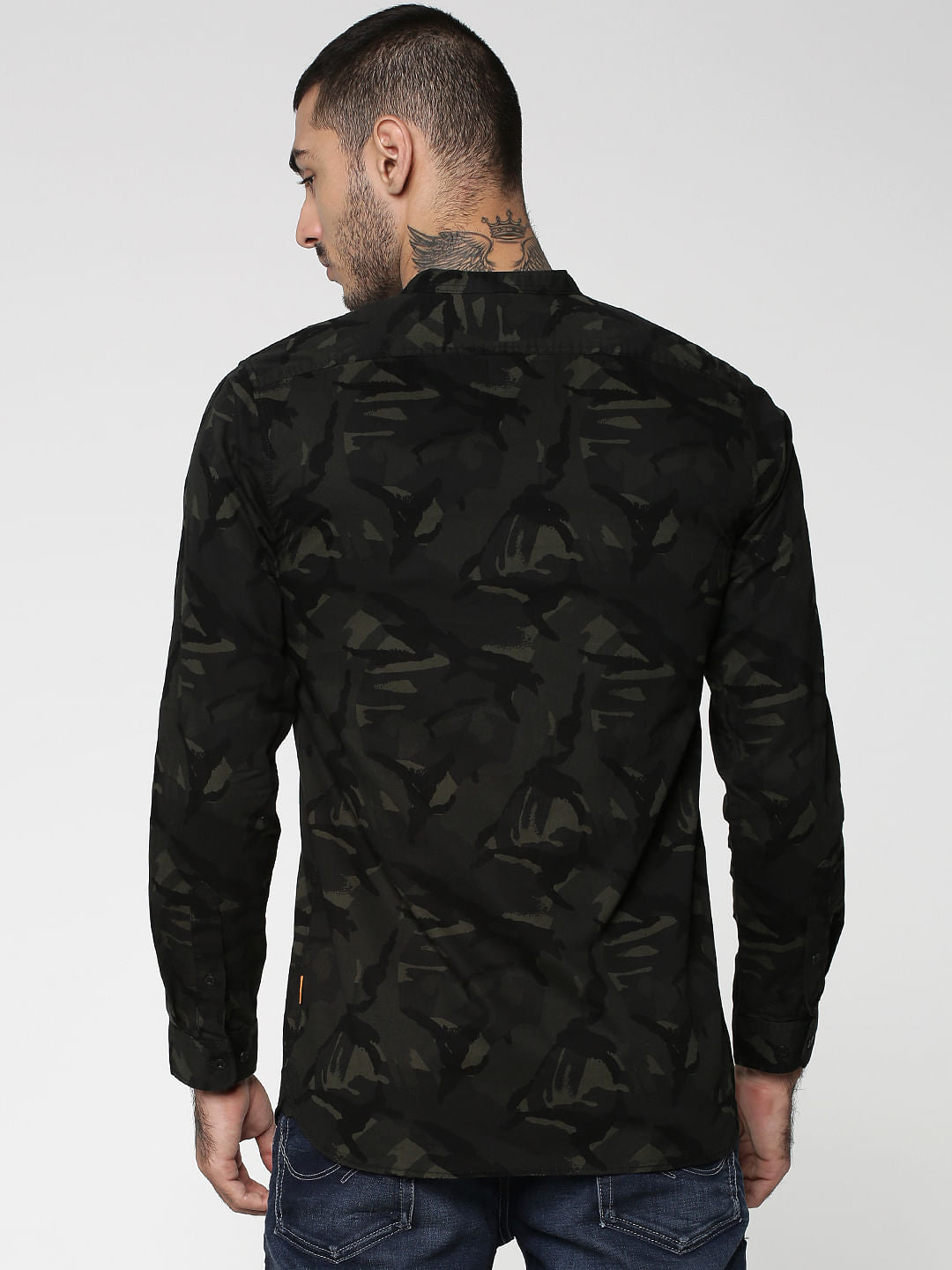 Olive Green Camo Print Mandarin Collar Full Sleeves Shirt