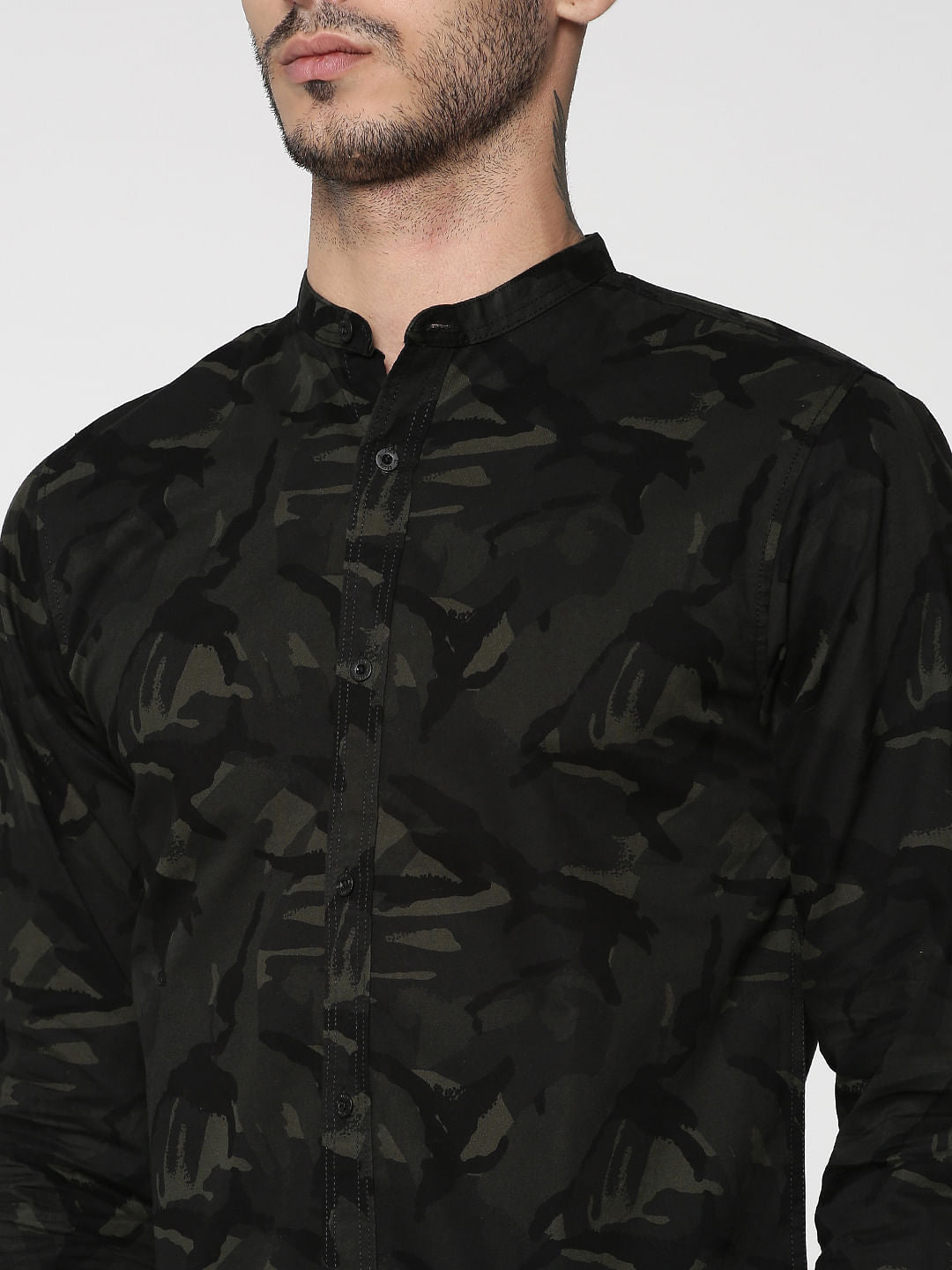 Olive Green Camo Print Mandarin Collar Full Sleeves Shirt