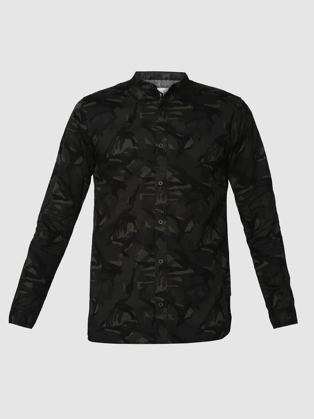 Olive Green Camo Print Mandarin Collar Full Sleeves Shirt
