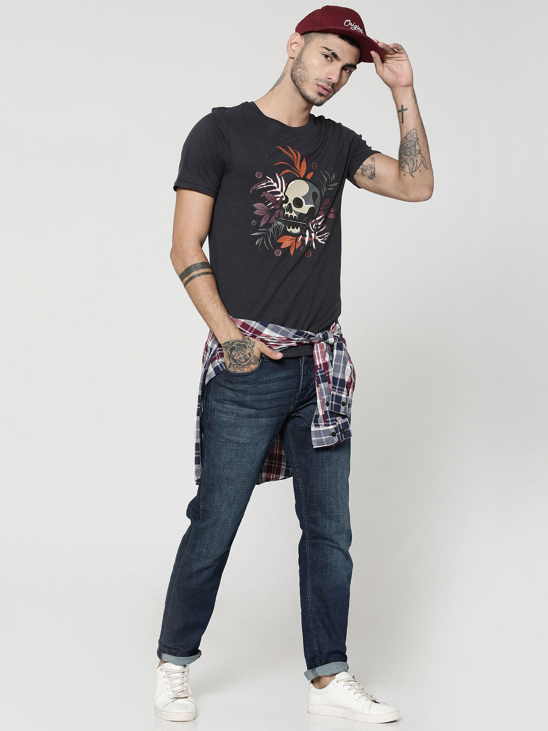 Black Skull Print Crew Neck T-Shirt