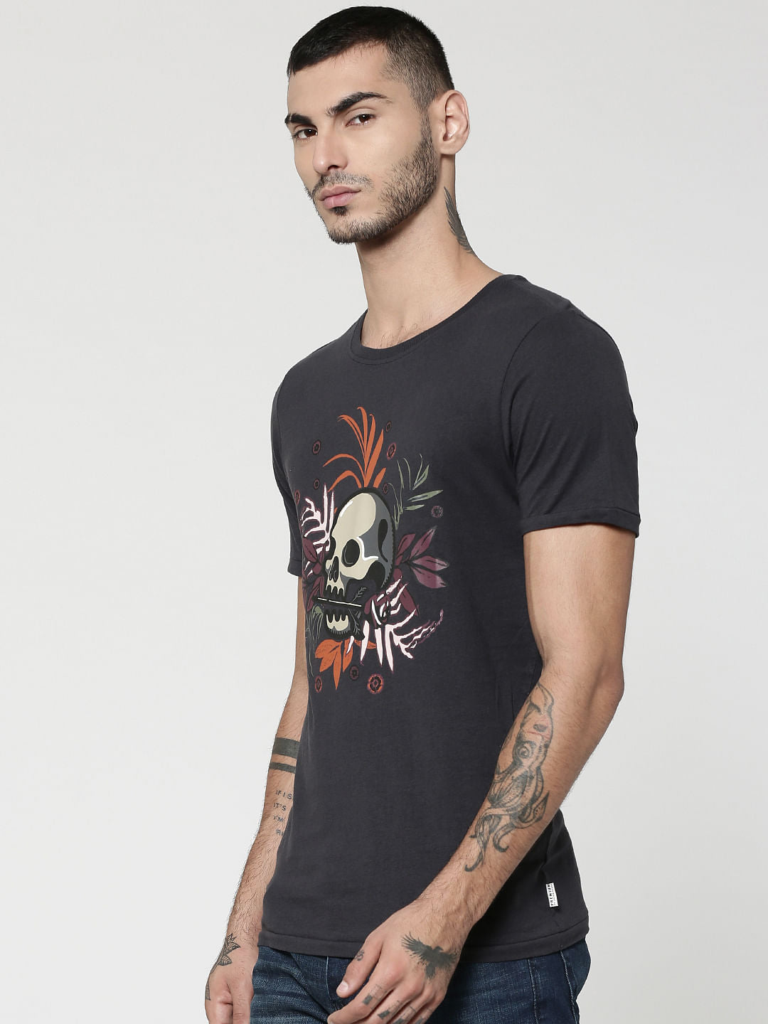 Black Skull Print Crew Neck T-Shirt