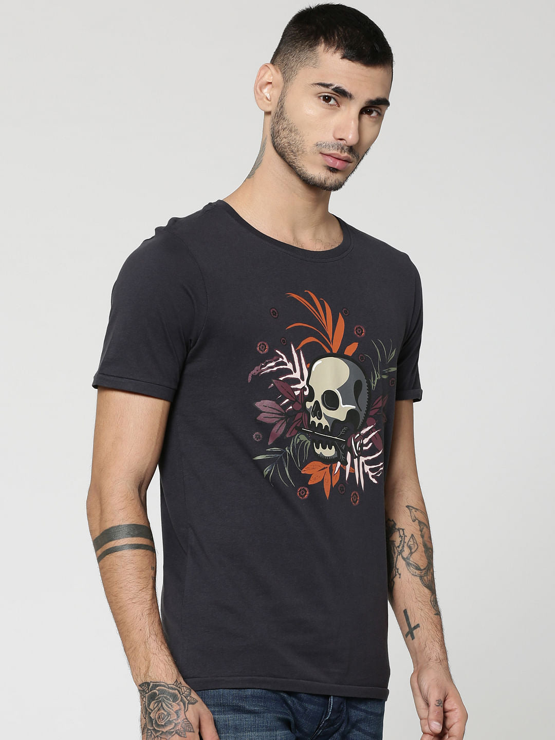 Black Skull Print Crew Neck T-Shirt