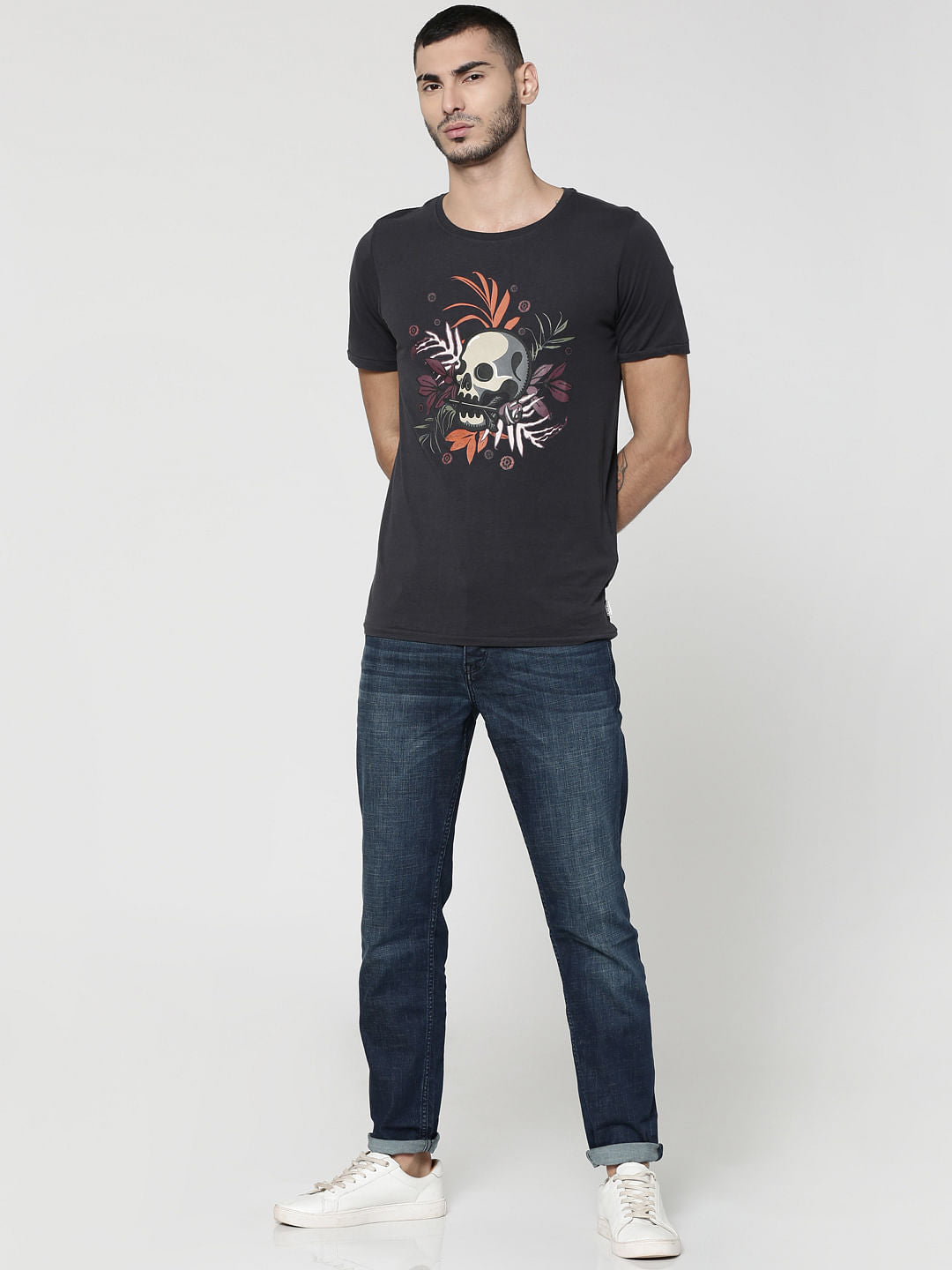 Black Skull Print Crew Neck T-Shirt