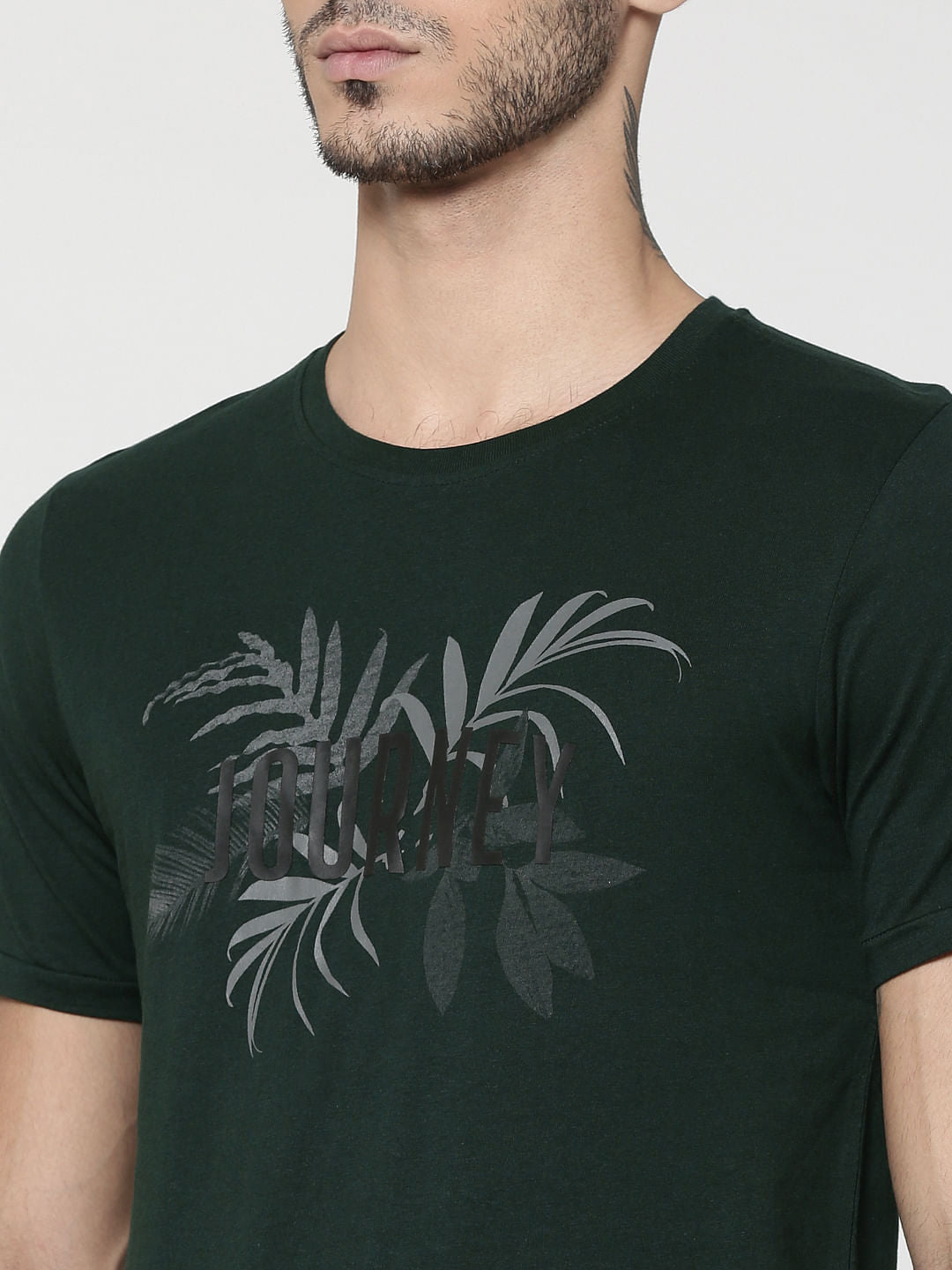 Green Leaf & Text Print Crew Neck T-Shirt
