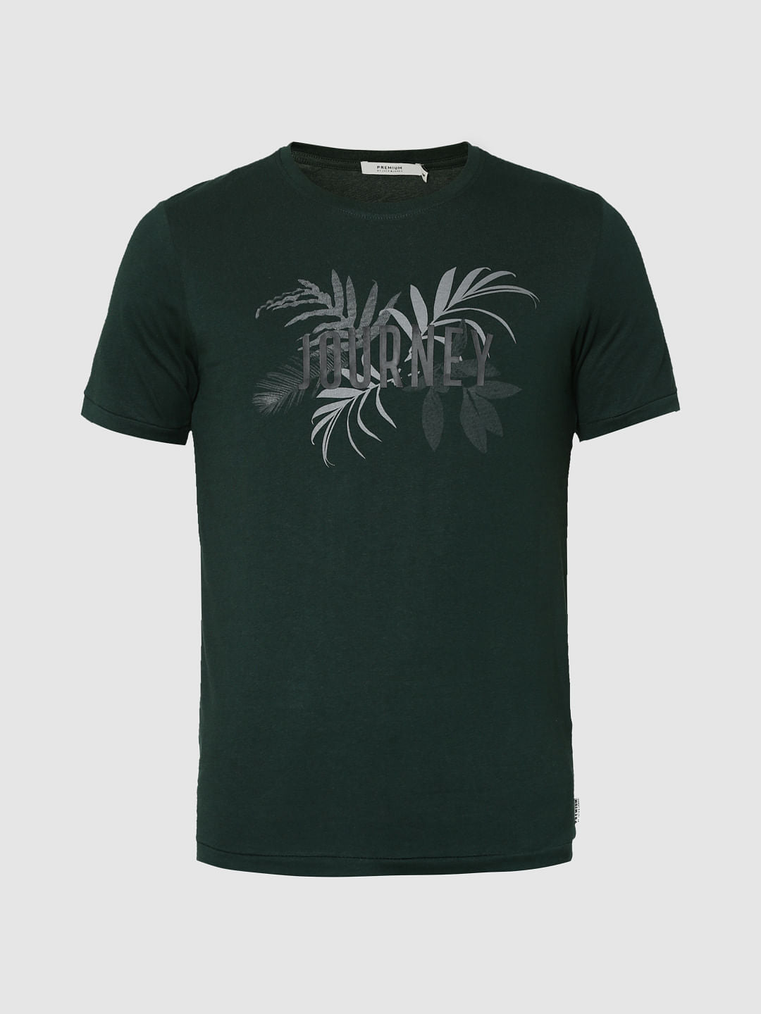 Green Leaf & Text Print Crew Neck T-Shirt
