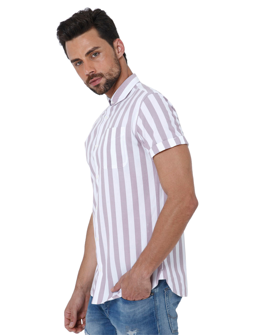 White & Beige Striped Slim Fit Shirt
