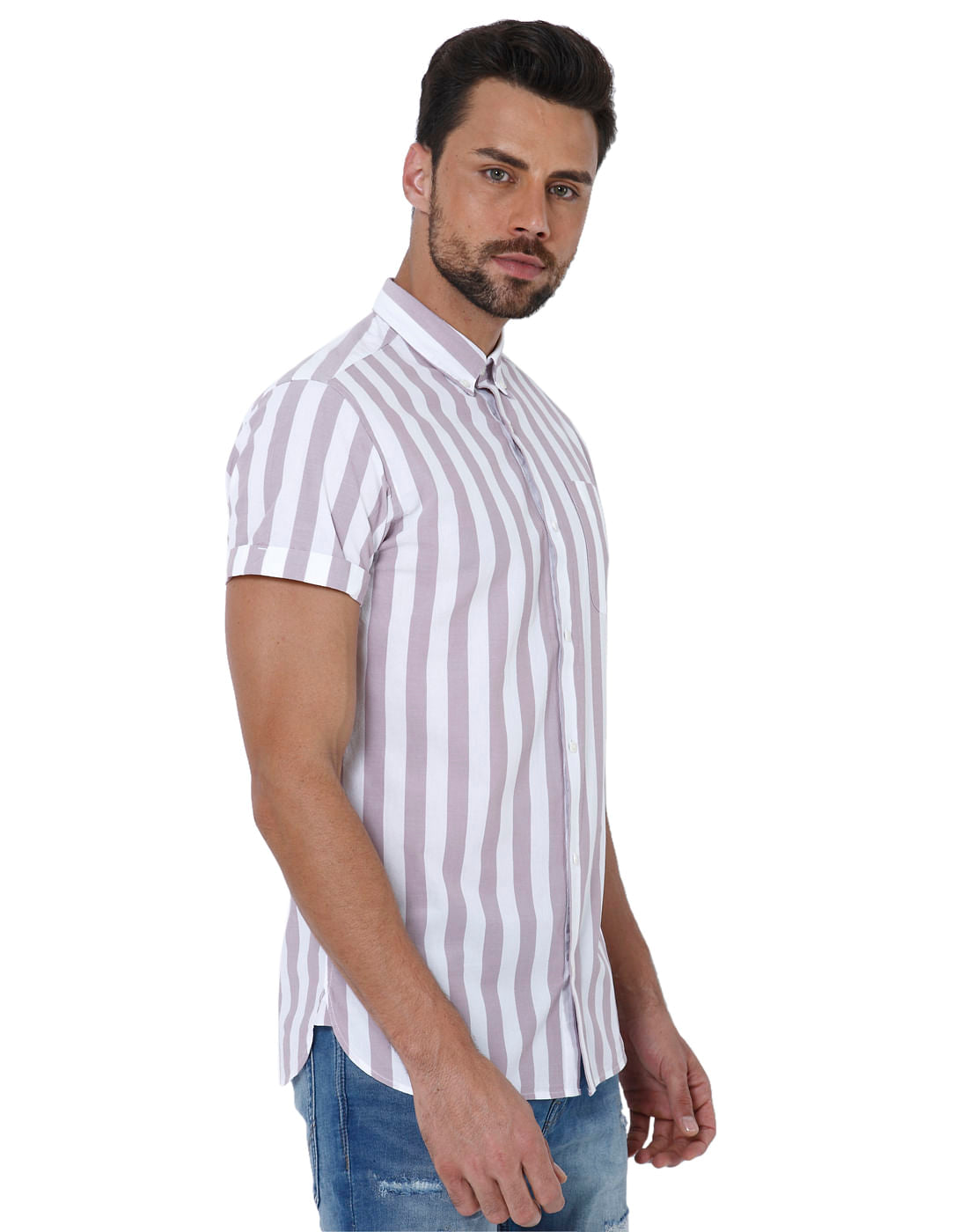 White & Beige Striped Slim Fit Shirt