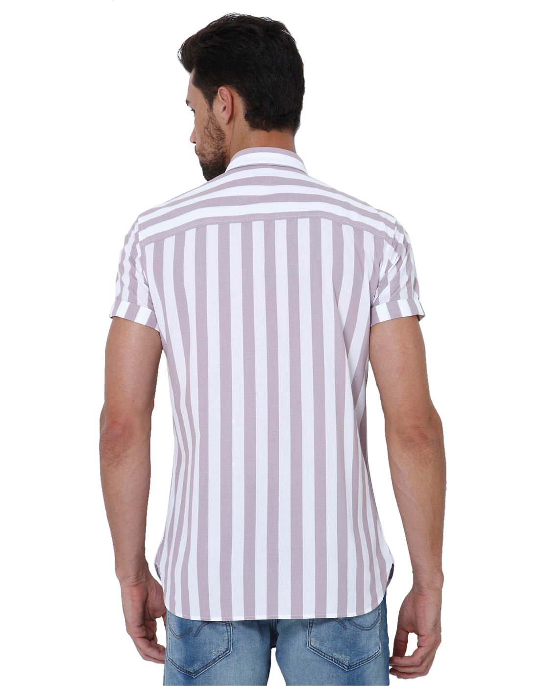 White & Beige Striped Slim Fit Shirt
