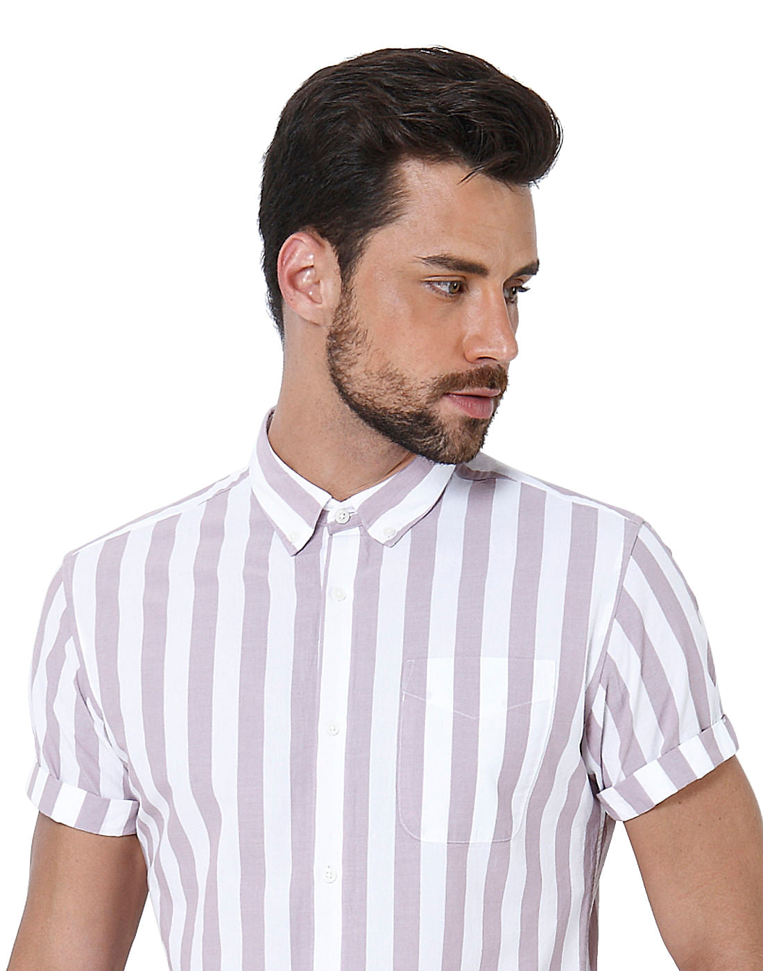 White & Beige Striped Slim Fit Shirt