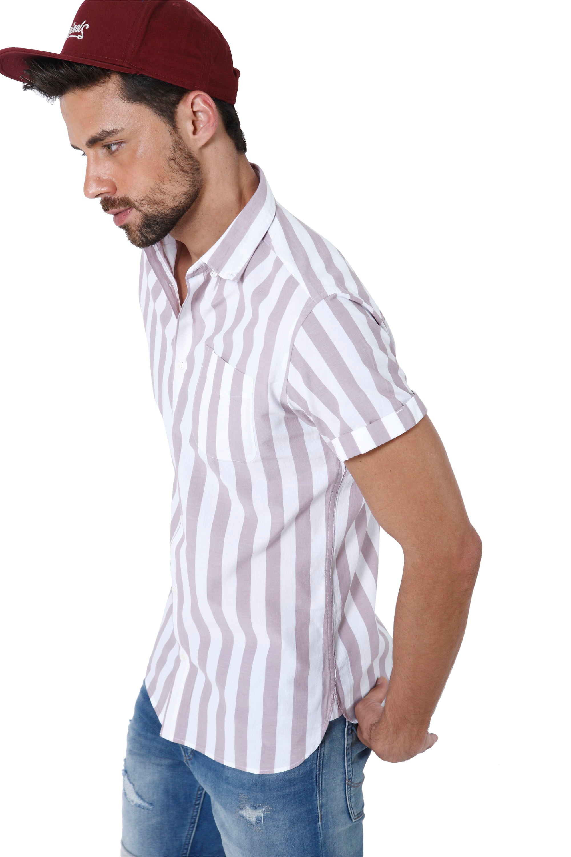White & Beige Striped Slim Fit Shirt