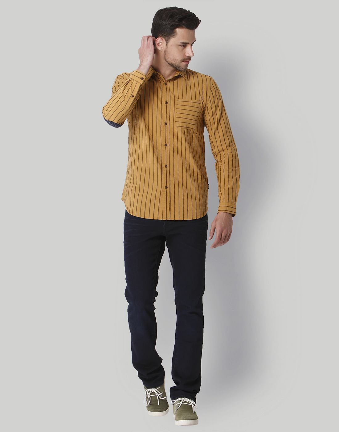 Yellow Striped Mandarin Collar Shirt