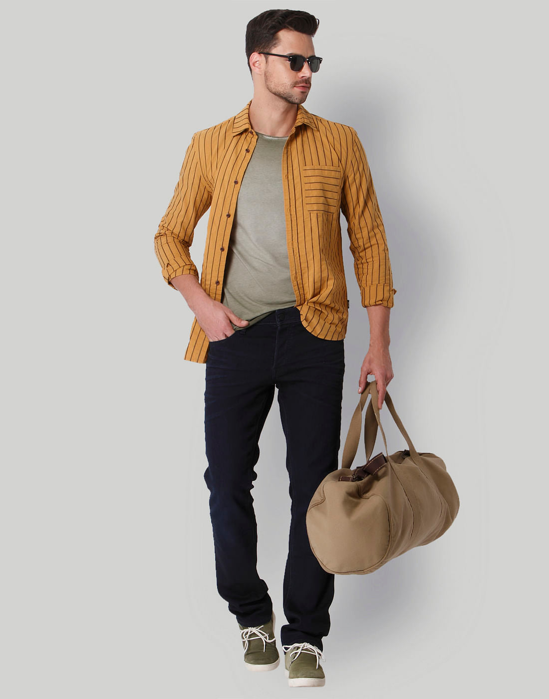 Yellow Striped Mandarin Collar Shirt