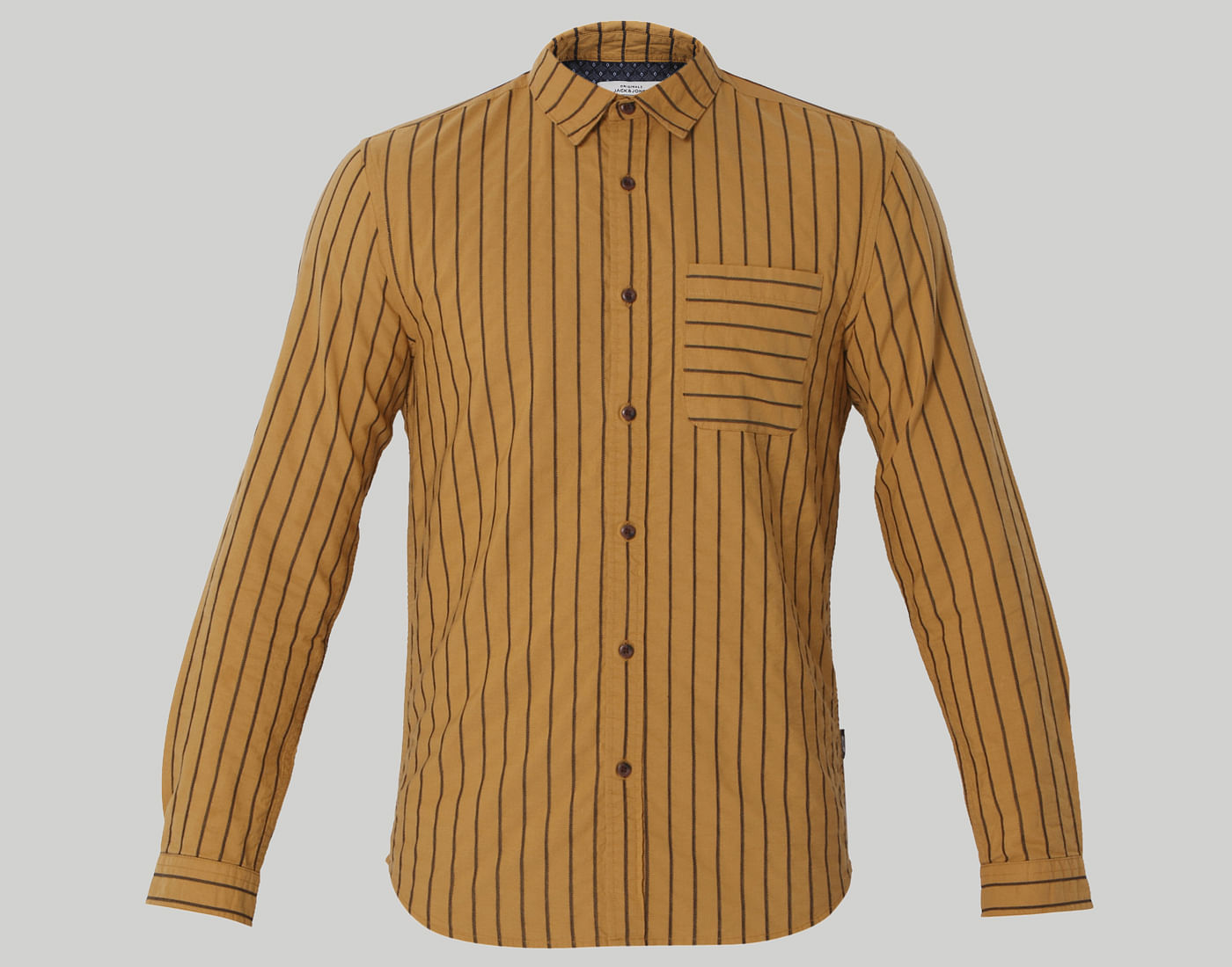 Yellow Striped Mandarin Collar Shirt