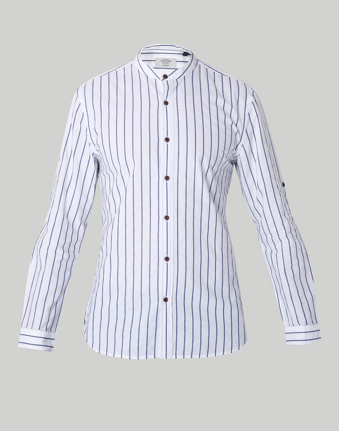White Striped Mandarin Collar Shirt