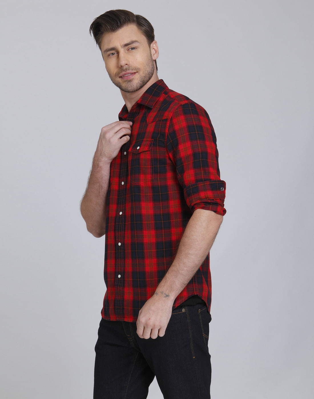 Bright Red & Black Check Slim Fit Shirt