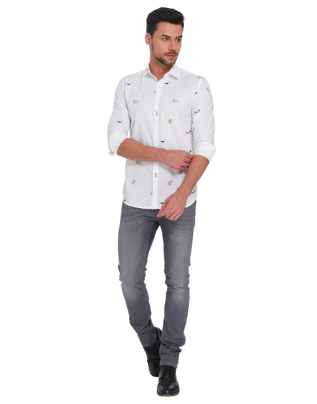 White Seagull Printed Slim Fit Shirt